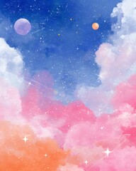 fantasy cosmic illustration poster, dreamy anime style, vibrant deep blue and bright red gradient background