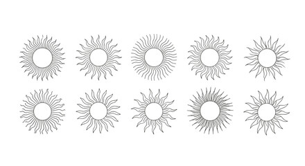 Collection of ten mystical sun icons with radiating beams in a vintage esoteric line art style for magical and astrological designs.