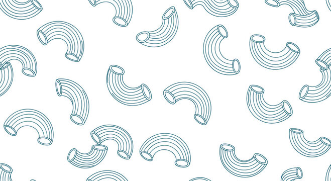 Simple seamless pattern of blue outline elbow macaroni pasta randomly scattered on a clean white background for a minimalist food design.