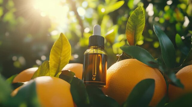 Bottle of lemon oil with vibrant citrus fruit background