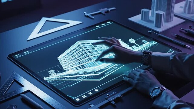 Architectural Design Table with 3D Models, Blueprints, and Digital Tablet