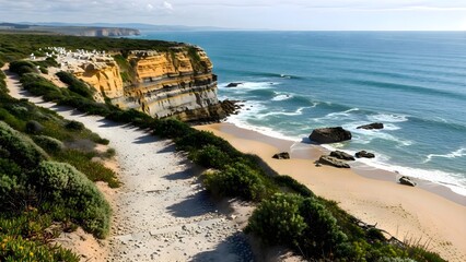 Breathtaking panoramic view of the sandy beach and vast ocean, captured from the high vantage point of the top of a coastal cliff