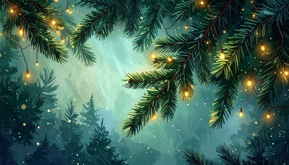 Enchanting Winter Forest Scene with Glowing Lights and Evergreen Branches.