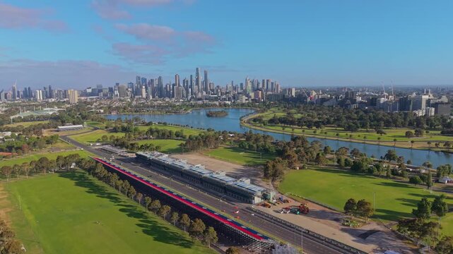Orbiting Albert Park Grand Prix Pit Building with Melbourne CBD