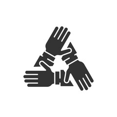Obraz premium Three hands support each other. team hands together icon. Business concept. teamwork partnership. Solid, Simple pictogram stroke. vector illustration Design on white background EPS10
