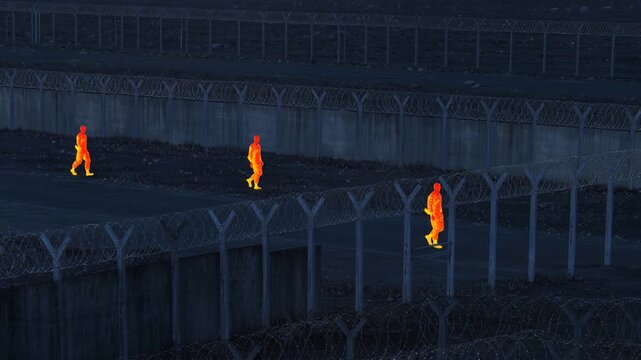 A thermal camera video of 3 to 5 soldiers patrolling a border post, showing movement along walls, road, and barbed wire in a high-security environment

