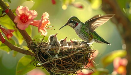 Hummingbird Feeding Chicks in Nest Amidst Blossoming Branches.