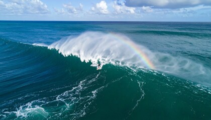 Majestic Wave Cresting with Rainbow Hues in the Ocean Spray.