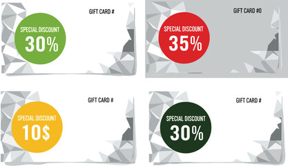 Set of gift card templates with special discount percentage off and ten dollars cash value, modern geometric polygon background for marketing promotions