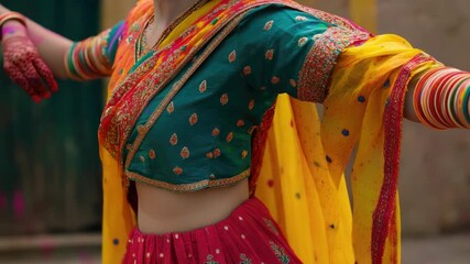 A woman in a colorful dress is wearing yellow and green. She is wearing a yellow scarf