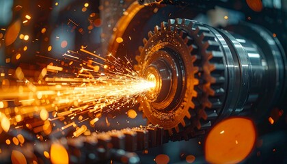Metalworking sparks fly during industrial gear manufacturing process.