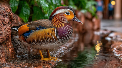 Vibrant bird with colorful feathers standing by a stream on rocks.