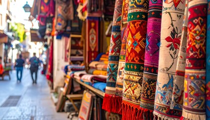 Fototapeta premium Colorful textiles displayed in a vibrant market setting.