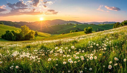Vibrant sunset over rolling green hills covered with white wildflowers and lush grass under a warm, glowing sky.