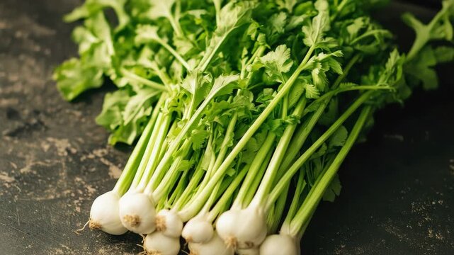A bunch of crisp, green onions with visible roots and tops.