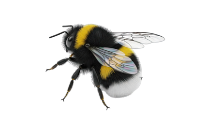 Close-up of a fuzzy bumblebee with black and yellow stripes and iridescent wings