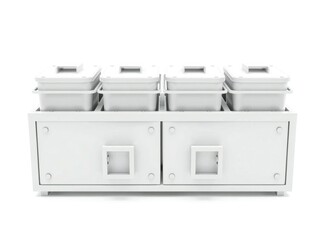 Modern white storage unit with multiple containers