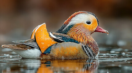 Colorful duck with an orange flotation device swimming in water.