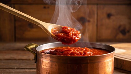 Steaming Tomato Sauce in Copper Pot with Wooden Spoon.
