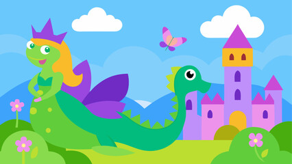Obraz premium Dragon and princess in enchanted castle landscape