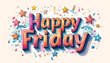 Happy Friday Celebration with Colorful Stars and Confetti Design