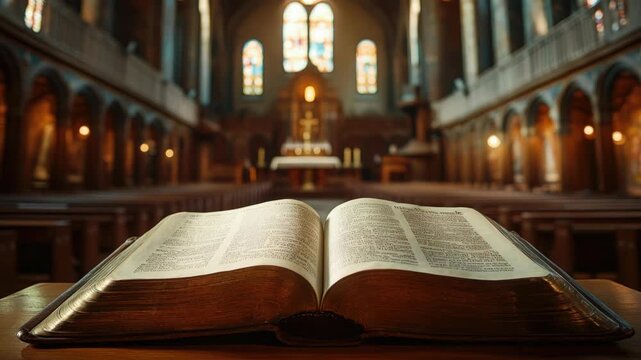 An open bible resting on a pulpit in a church interior, symbolizing religious studies and traditional faith.