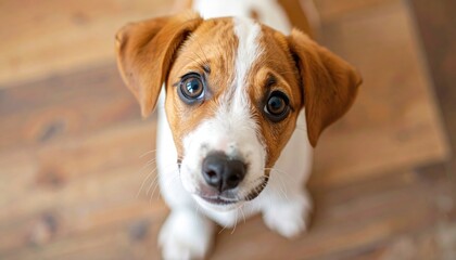 Adorable Jack Russell Terrier Puppy with Expressive Eyes Looking Upward.