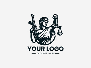 Naklejka premium Themis justice figure holding a gun symbolizing law enforcement authority and firm legal protection in black vector logo illustration