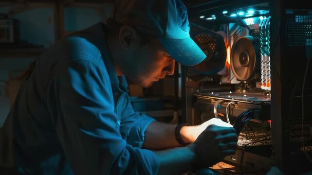 A man is working on a computer system, possibly installing or servicing components.