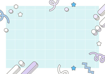 水色グリッド背景のレトロ装飾フレーム｜余白あり横長デザイン A4 高画質