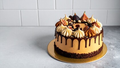 Delicious Caramel Cake with Chocolate Drip and Meringue Topping.