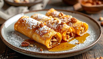 Delicious Crepes with Nuts and Honey on a Plate.