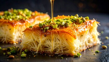 Delicious Kanafeh Dessert with Honey and Pistachios.