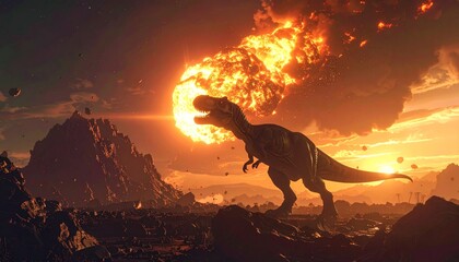 Dinosaur extinction event - A Tyrannosaurus Rex witnesses an asteroid impact.