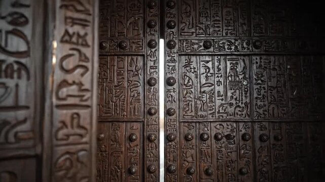 Ancient Egyptian Dark Brown Wooden Door Carved with Hieroglyphs Details and Metal Studs for Historical Concepts