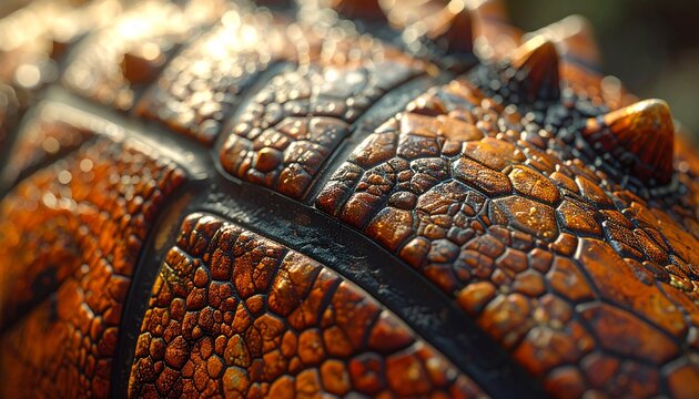 Detailed Close-Up of Reptilian Scales and Spikes with Warm Tones.