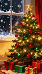 Cozy Christmas living room, glowing fireplace, soft warm lights, decorated tree, gifts arranged neatly, cinematic lighting, ultra-realistic, holiday atmosphere