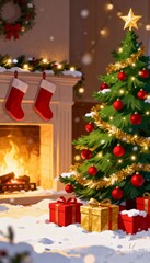 Cozy Christmas living room, glowing fireplace, soft warm lights, decorated tree, gifts arranged neatly, cinematic lighting, ultra-realistic, holiday atmosphere