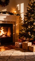 Cozy Christmas living room, glowing fireplace, soft warm lights, decorated tree, gifts arranged neatly, cinematic lighting, ultra-realistic, holiday atmosphere