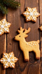 Cute Christmas cookies shaped like reindeer and snowflakes on wooden table, top-down view, soft natural lighting, rustic bakery aesthetic