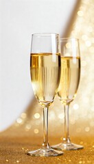 Elegant New Year champagne glasses close-up, soft focus glitter background, reflections, premium style, depth of field