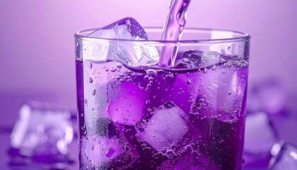 Refreshing Purple Drink with Ice Cubes in a Glass.