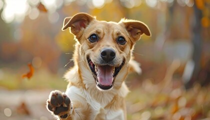 Joyful Dog Running Through Autumn Leaves with a Big Smile.