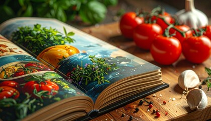 Open cookbook with fresh ingredients - tomatoes, garlic, herbs, and spices.