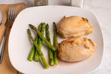 chicken thighs served with roasted asparagus