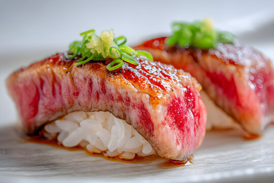 Close-up View of Two Elegant Pieces of Kobe Beef Sushi Artfully Garnished with Green Onions
