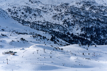 Panoramic view of Grandvalira ski slopes in Andorra during winter 2026.