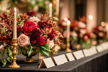 Luxurious candlelit wedding reception table featuring red and blush floral centerpieces and name cards lined up for guests