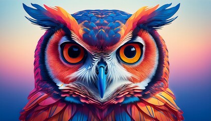 Obraz premium Wise Owl Portrait A Stylized Illustration Of A Vibrant Owl Rendered In Bold Hues Against A Simple Backdrop Exudes A Sense Of Wisdom And Watchfulness