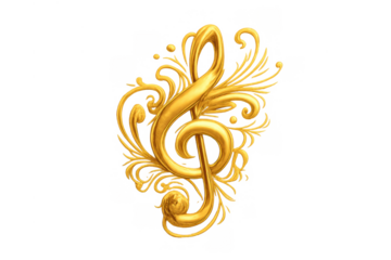Golden treble clef bringing music, melody, and rhythm concepts. Ornate design with elegant flourishes, on transparent background